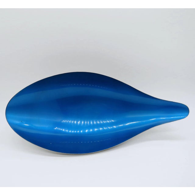 Vintage American Reed & Barton silverplate bowl finished with peacock blue glaze interior. The bowl has a teardrop shape...