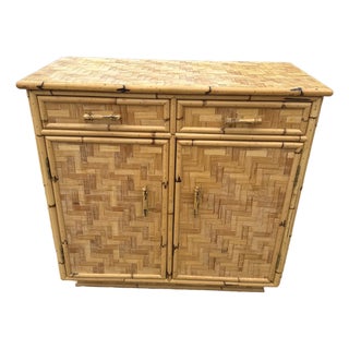 Vintage Woven Rattan Cabinet With Bamboo Handles For Sale