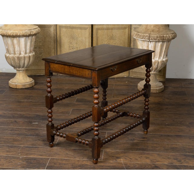 English 19th Century Oak Bobbin Leg Table with Single Drawer and Cross Stretcher For Sale In Atlanta - Image 6 of 12