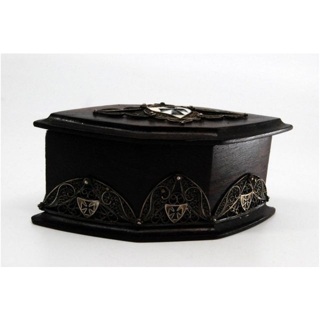 Wooden Jewelry Box with Silver Coat of Arms Applications and Velvet Interior For Sale - Image 11 of 11