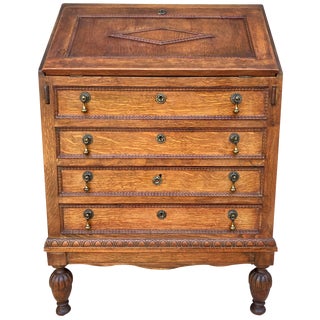 Vintage French Carved Secretaire in Oak, 1940s For Sale