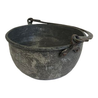Antique Cast Iron & Tin Lined Cooking Pot With Swing Handle – Early American Primitive For Sale