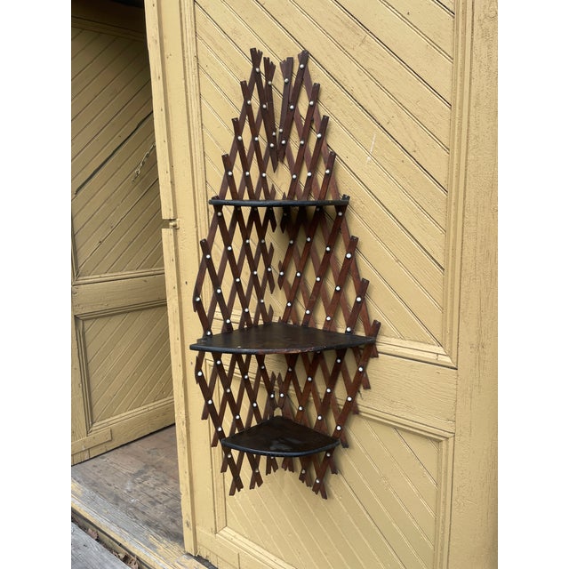 Wood Late 19th Century Victorian Era Tramp Art Lattice Corner Shelf With Milkglass Buttons For Sale - Image 7 of 7