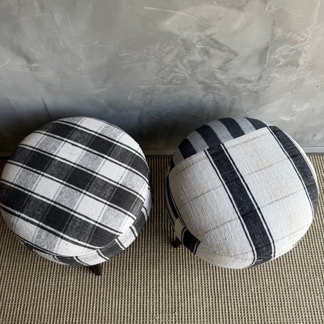 Pair of Modern Neutral Gray, Black & Greige Stripe Ottomans Made From Vintage Turkish Rugs For Sale In Los Angeles - Image 6 of 8