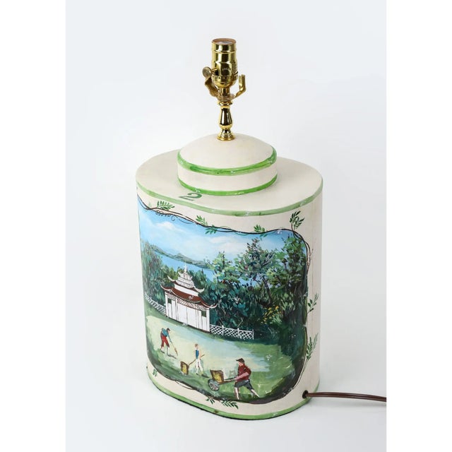 Mid-20th Century Chinese-Style Hand-Painted Ceramic Tea Canister Table Lamps - a Pair For Sale In New York - Image 6 of 13