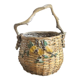 Vintage French Vine Handled Barbola Wicker Basket For Sale