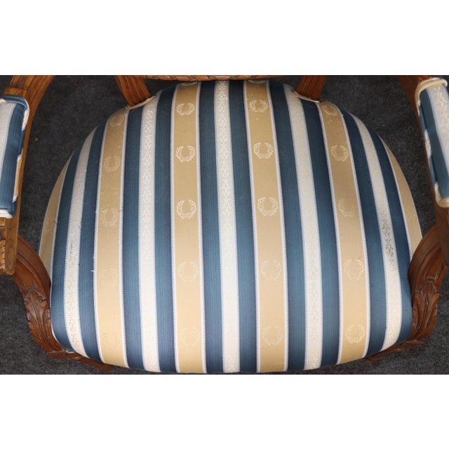 Pair 1920's French Louis XVI Carved Armchairs With Silk Upholstery For Sale - Image 9 of 15