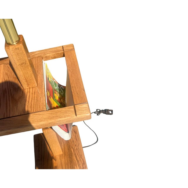 1980s Vintage Mid Century Postmodern 1970s Solid Oak Brass Magazine Table Floor Lamp 1980s Restored For Sale - Image 5 of 12