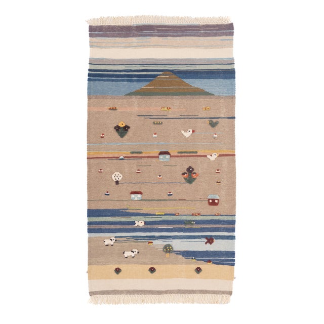 Charming vintage Turkish handwoven kilim rug, measuring 3'1" x 5'7", featuring a whimsical pictorial landscape with a...