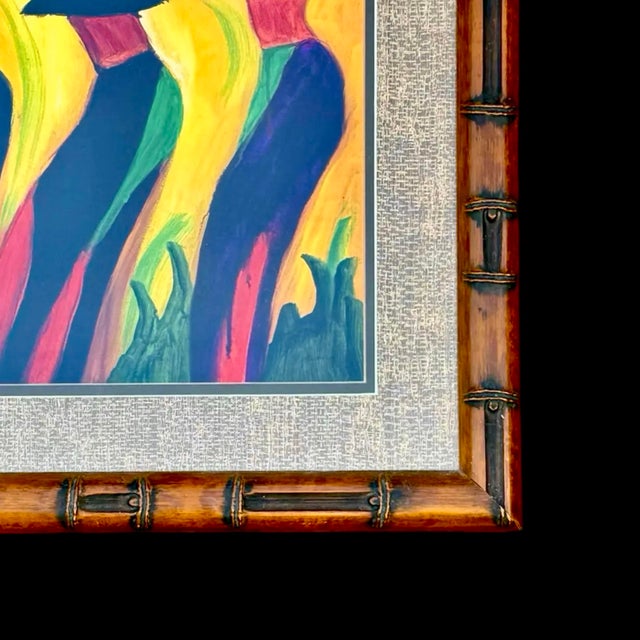 Wood Vintage Vibrant Abstract Portrait of Hula Dancers by M. Schneider With Faux Bamboo Frame For Sale - Image 7 of 9