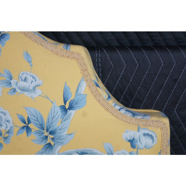 Vintage Yellow & Blue Chintz Upholstered Serpentine Tufted King Size Headboard For Sale - Image 13 of 14