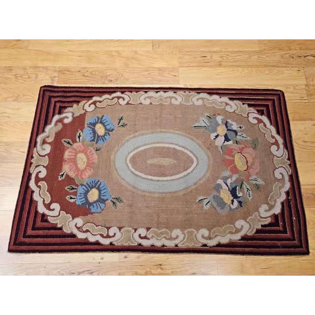 Vintage Hand-Hooked Rug, Floral Pattern, Wool & Cotton, American Folk Art, 3x4 For Sale In Chicago - Image 6 of 14