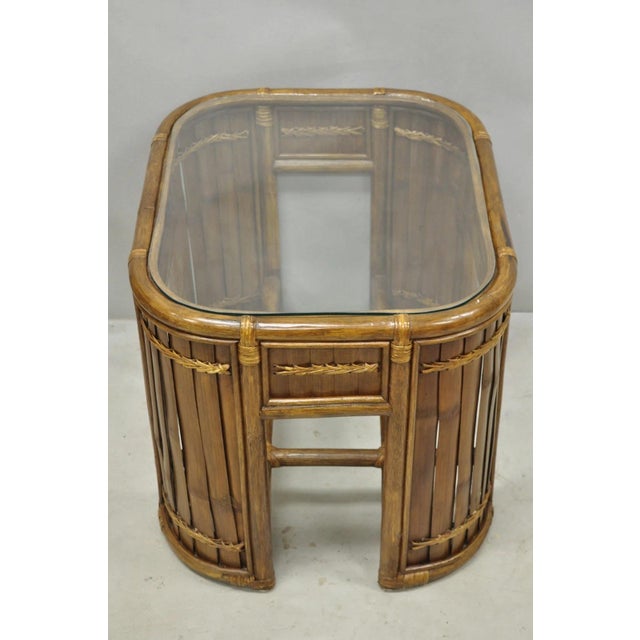 Hollywood Regency Vintage Hollywood Regency Bentwood Rattan Glass Top Beach House Side Table For Sale - Image 3 of 11