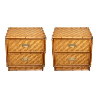 1970s Dixie Pair of Faux Bamboo, Woven Rattan Two-Drawer Nightstands With Brass Details For Sale