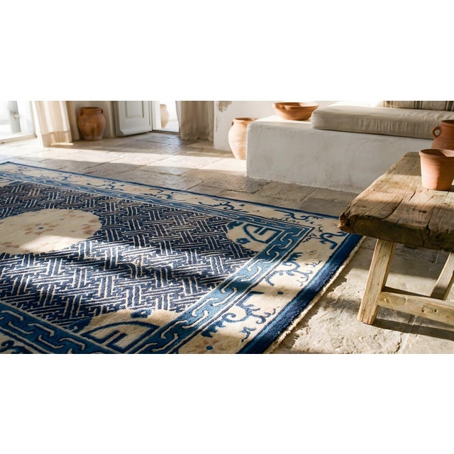 1900s Blue Navy Geometric Medallion Antique Chinese Peking Rug 4'4" X 5'6" Handknotted Wool Carpet For Sale In New York - Image 6 of 8