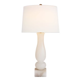 Chapman & Myers by Visual Comfort Signature Contemporary Balustrade Table Lamp in Alabaster with Linen Shade For Sale
