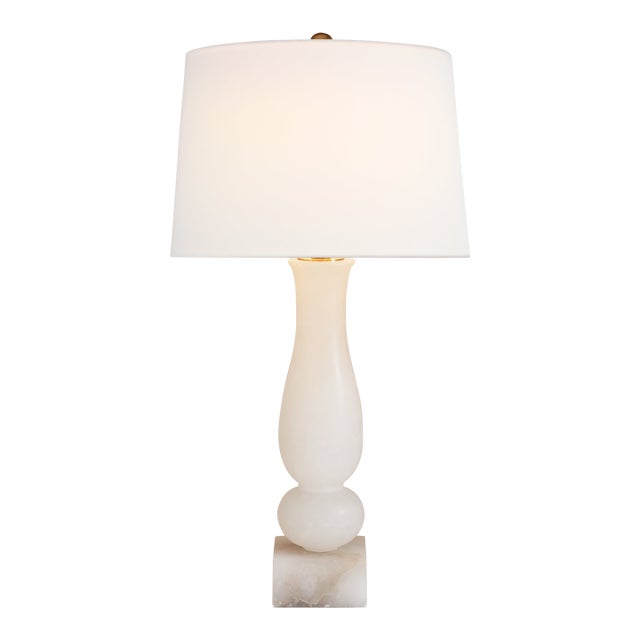 Chapman & Myers by Visual Comfort Signature Contemporary Balustrade Table Lamp in Alabaster with Linen Shade For Sale