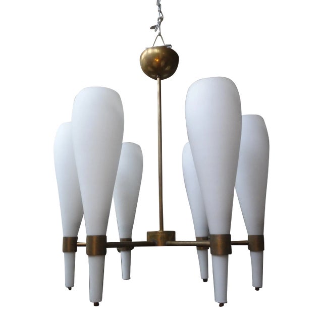 Italian Brass and Glass Modernist Chandelier-Fontana Arte Style For Sale
