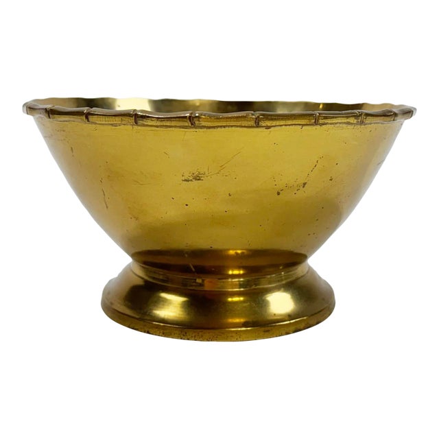 Vintage Brass Pedestal Bowl W/ Faux Bamboo Rim For Sale
