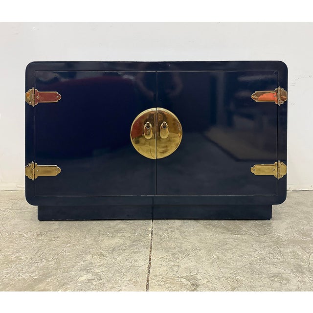 Mastercraft 1970s Newly Lacquered Asian-Theme Mastercraft Cabinet, Overscale Brass Hardware For Sale - Image 4 of 10