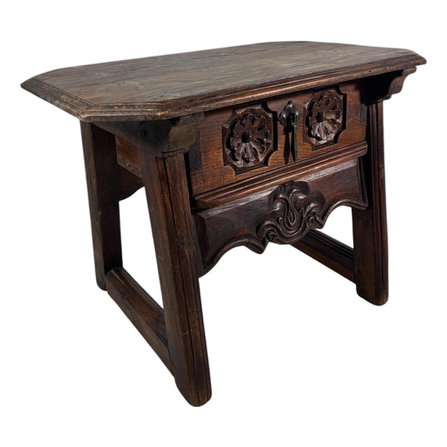 Spanish Castilian Carved Wood Side Table with Iron Hardware, Early 20th Century For Sale