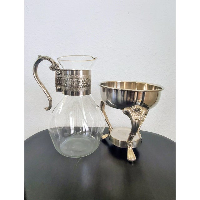 1980s Elegance Glass Coffee Carafe With Warming Stand, Ep Brass Silver Plated Tea Pot For Sale - Image 4 of 12