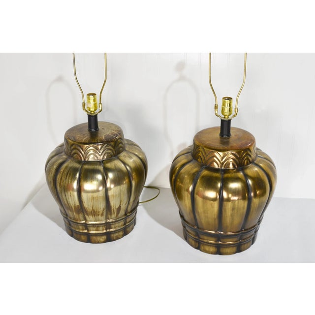 Gold Mid Century Gold Ceramic Large Vase Lamps - a Pair For Sale - Image 8 of 11