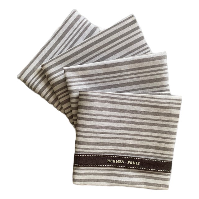 Bespoke Cocktail Napkins (Gray/White With Hermes Brown Ribbon) - Set of 4 For Sale