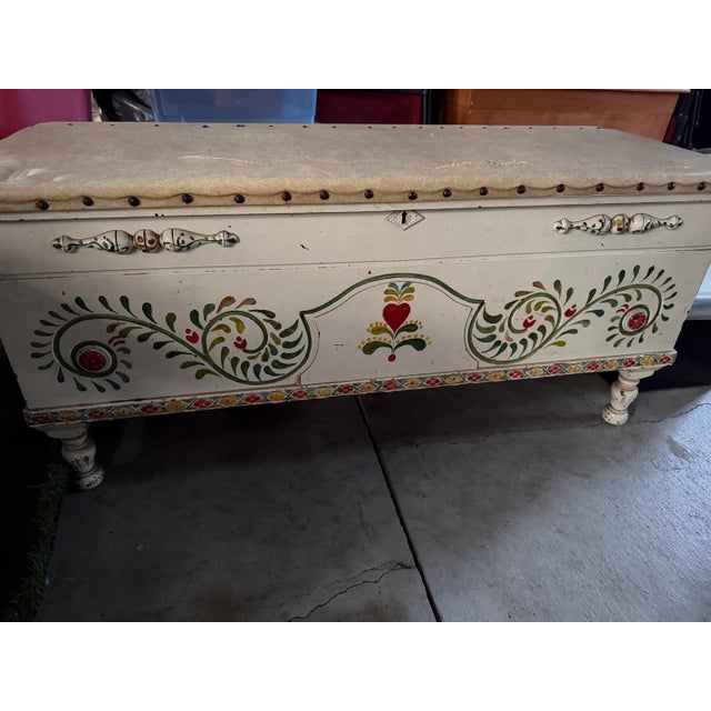 Vintage Scandinavian or Germanic-Style Dowry Chest Folk Art Storage Trunk/Bench For Sale - Image 4 of 9