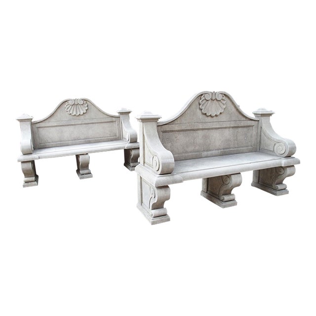 Pair of Italian Carved Arched Back Limestone Garden Benches With Volute Supports For Sale