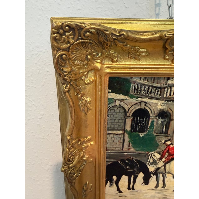 Charming original oil on board signed by Carl Hoffman, depicting a refined equestrian scene before a grand European manor....