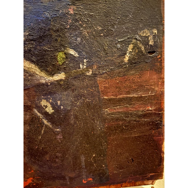 A richly atmospheric vintage oil painting depicting a moody still life of bottles, a copper vessel, fruit, and draped...