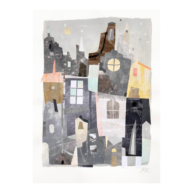My Home Town - Original Gray-Tone Architectural Mixed Media Collage on Paper by Maria C. Bernhardsson For Sale