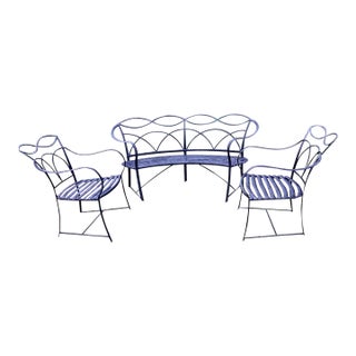 Regency 19th Century French Iron Garden Bench Serpentine Curve & Chairs, Set of 3 For Sale