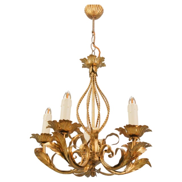 Italian Hollywood Regency Style Five-Light Chandelier in Gilt Metal, 1970s For Sale