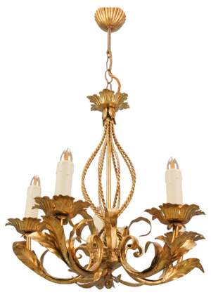 Italian Hollywood Regency Style Five-Light Chandelier in Gilt Metal, 1970s