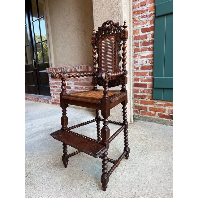 Antique French Child High Chair Renaissance Barley Twist Carved Oak Caned C1890 For Sale - Image 4 of 18