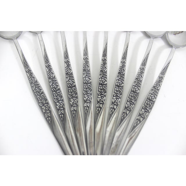 Vintage Mid Century Modern Japan Stainless Iced Tea Spoons Caress Rose Steel - Set of Eight Long Ice Sundae For Sale - Image 4 of 9