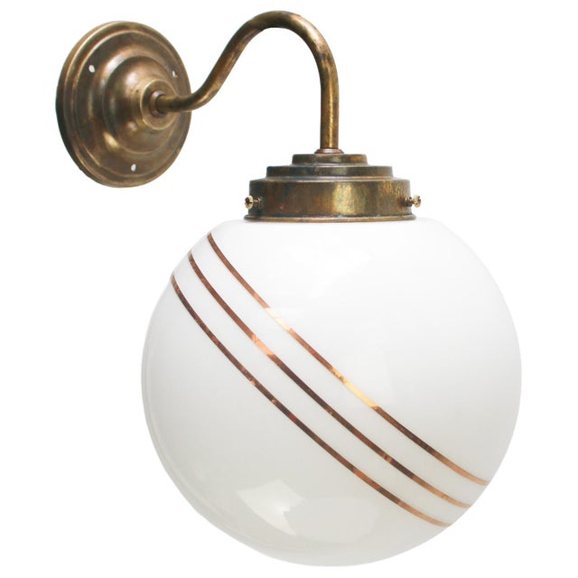 Industrial French White Opaline Glass and Brass Bistro Sconce with Gilt Stripes For Sale - Image 3 of 7