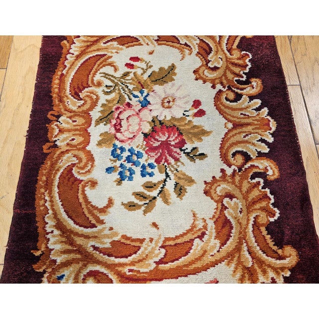 Vintage French Savonnerie Rug, Hand-Knotted Wool, Floral Pattern, Chocolate Brown & Ivory, 3’ X 7' For Sale In Chicago - Image 6 of 12