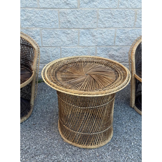 1970s Boho Coastal Wicker Rattan Barrel Chairs With Matching Drum Table – Set of 3 For Sale - Image 4 of 12