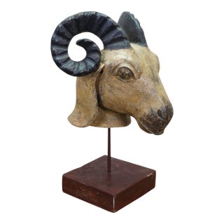 Vintage Indo Persian Carved Wood Ram Head Bust Sculpture on Stand 18" For Sale
