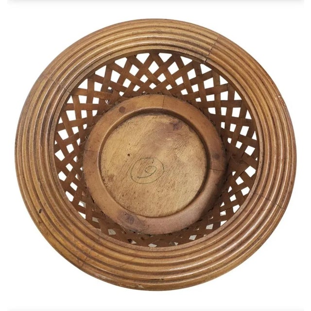 1970s Vintage Fruitwood Tripod Planter on Stand. Carved fruitwood. Hand woven wood planter. Measures 16 inches in diameter...