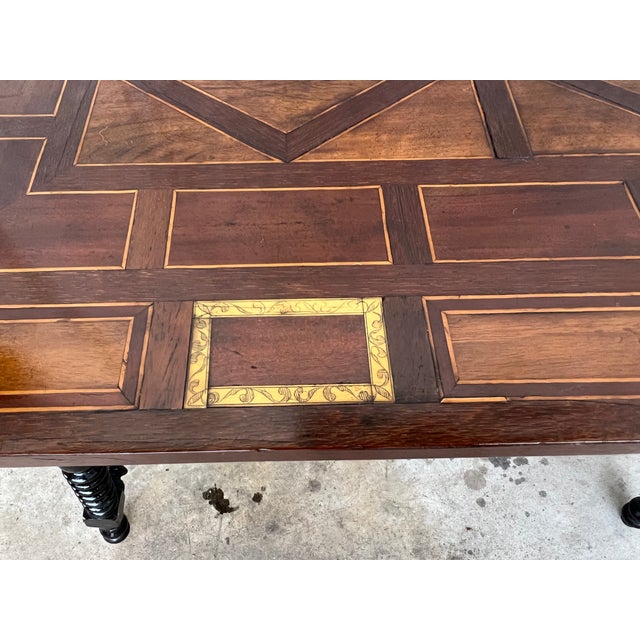 19th Century Baroque Spanish Side Table With Marquetry Top and Iron Stretcher For Sale - Image 10 of 13