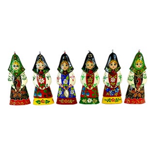 Vintage Boho Chic Folk Art Russian Hand Crafted Christmas Ornaments - Set of 6, Small For Sale