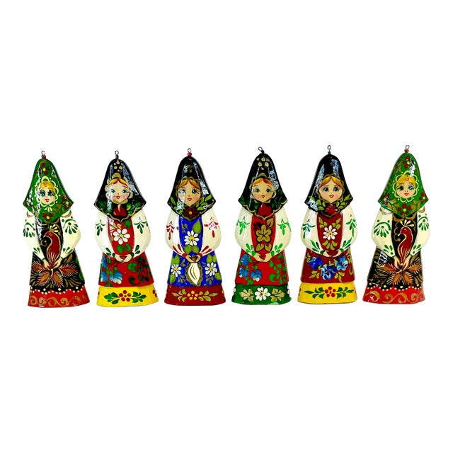 Vintage Boho Chic Folk Art Russian Hand Crafted Christmas Ornaments - Set of 6, Small. For Sale