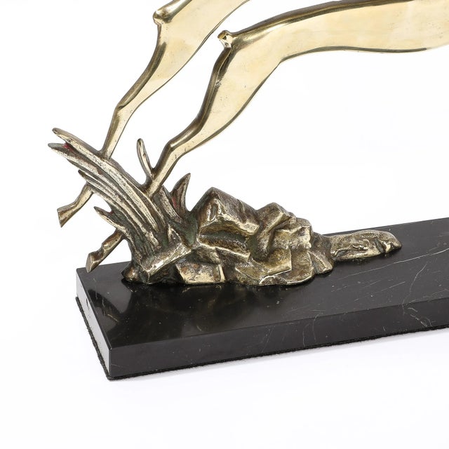 Art Deco Leaping Gazelle Sculpture in Polished Brass on Black Marble Base For Sale - Image 11 of 12