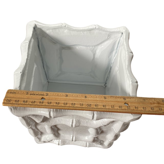 Metal Vintage White Faux Bamboo Cast Iron Cache Pot Planter For Sale - Image 7 of 8