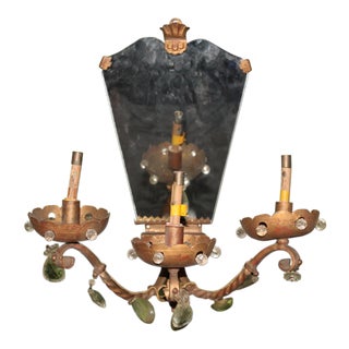 1910 Antique French Maison Bagues Single 3 Light Gilt Heavy Iron Twist/ Mirrored Large Beaded Sconce For Sale