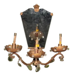 1910 Antique French Maison Bagues Single 3 Light Gilt Heavy Iron Twist/ Mirrored Large Beaded Sconce